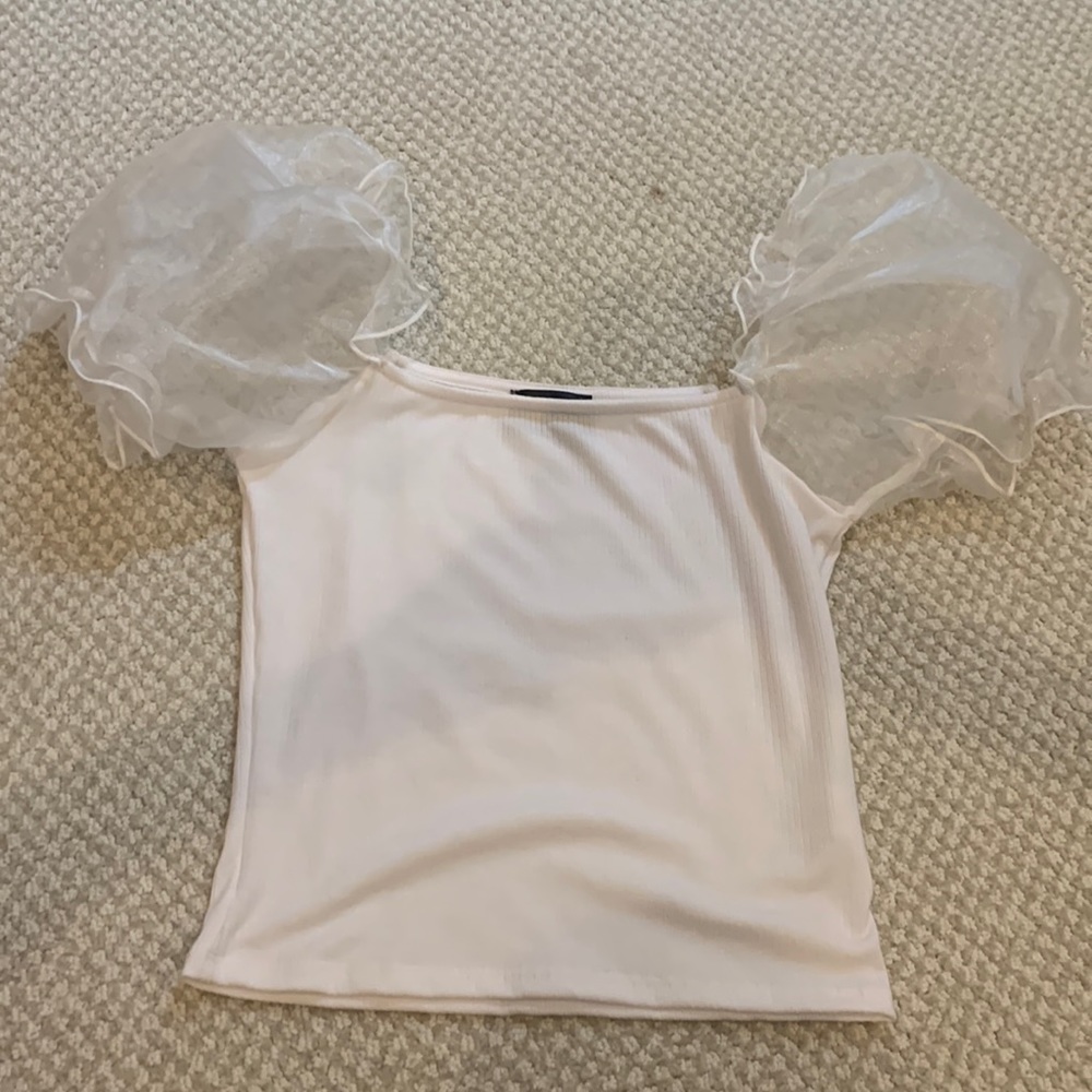 white shirt with mesh puff sleeves